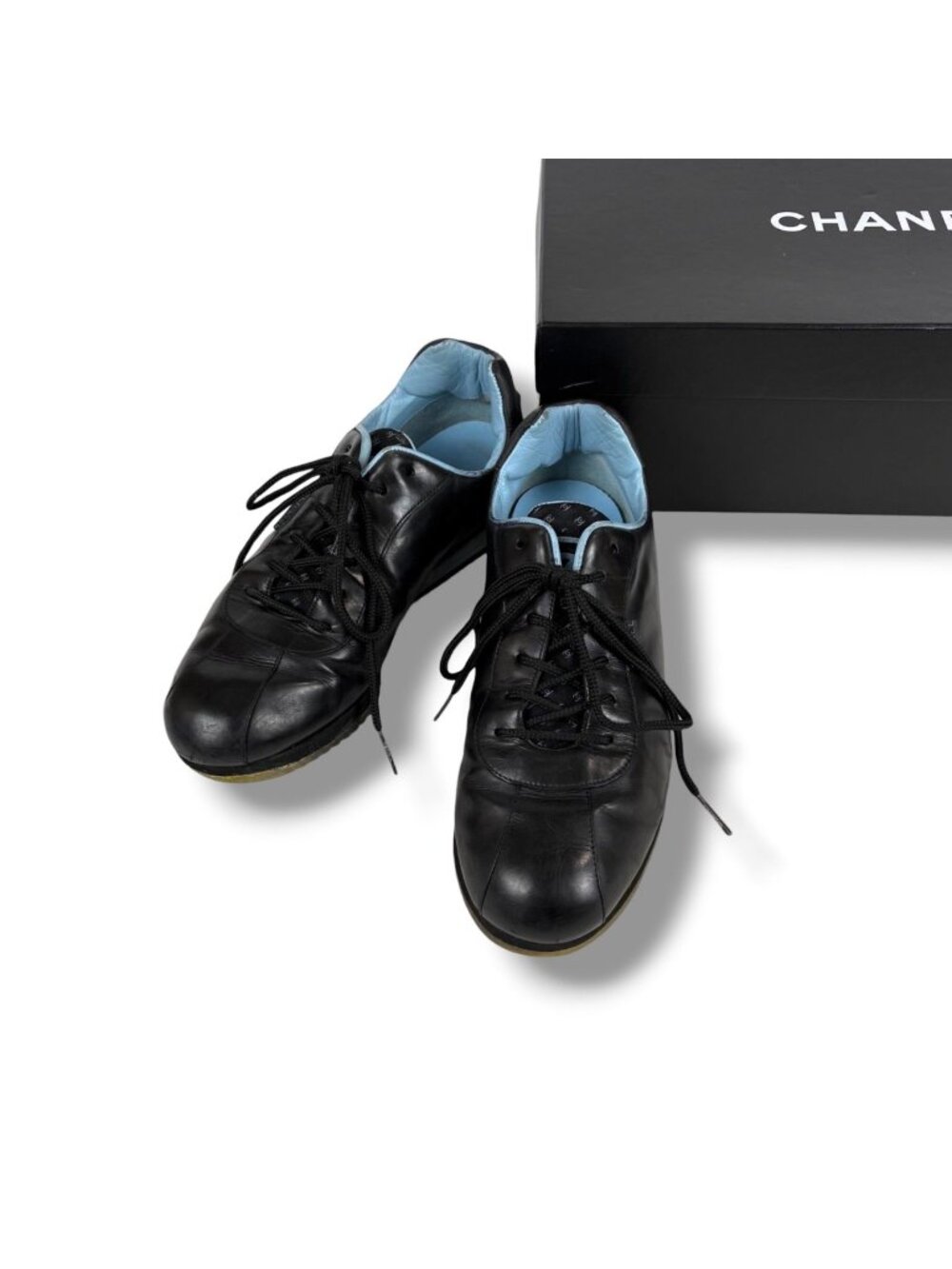Chanel CC Logo Leather Low Cut Sneakers Black Light Blue